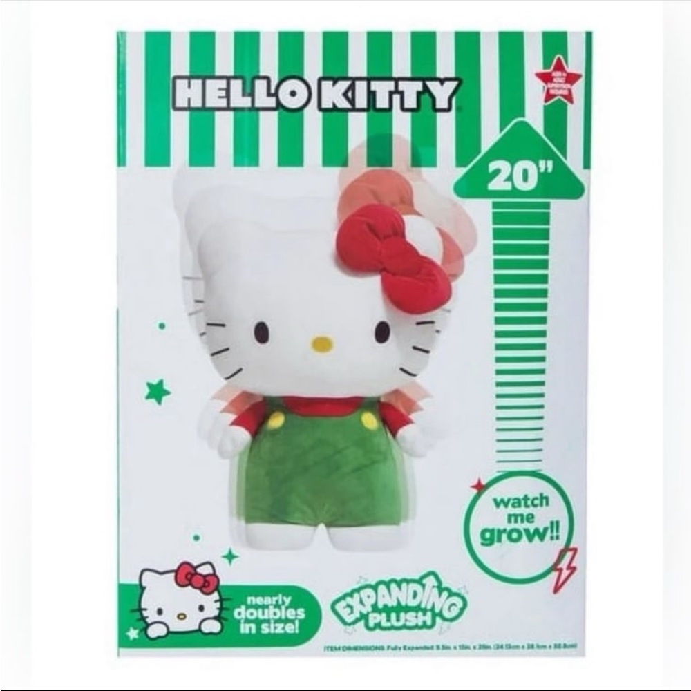 HELLO KITTY EXPANDING PLUSH
EXPANDS TO 20" NEW OVERALLS CHRISTMAS